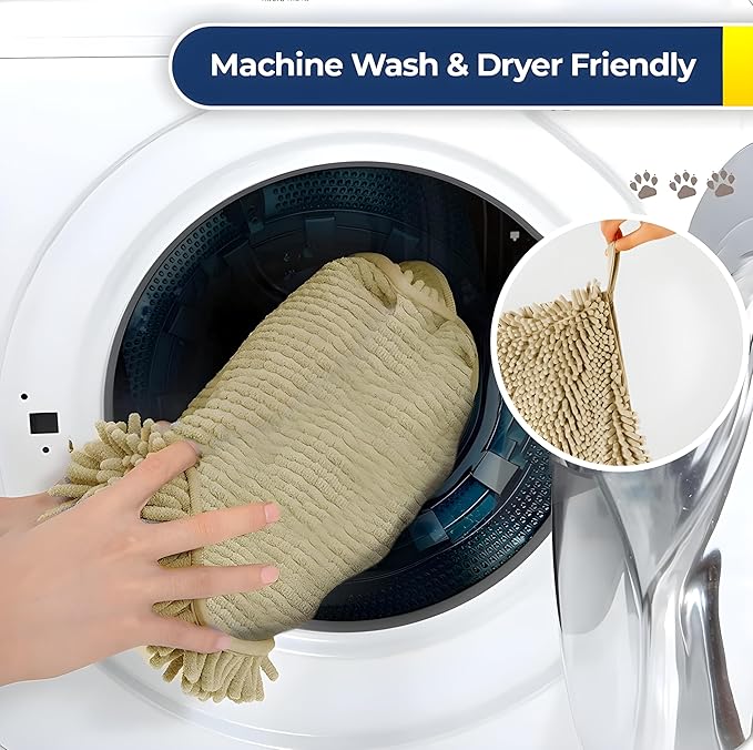 Muddy Mat Doggy Dryer, Highly Absorbent Microfiber Washable Dog Shammy Quick Drying Towel Absorber - Extra Soft Plush Wrap Chenille Bath Towels to Dry Soggy Large Pets & Small Puppy-Beige 15"x38"