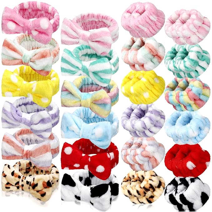 Janmini 36 Pcs Spa Headband and Wristbands Set for Washing Face Facial Spa Hair Wraps Makeup Skincare Bath Winter Gifts 12 Pcs Flannel Hairbands 24 Wristbands for Women Girls(Dot Stripe Leopard)