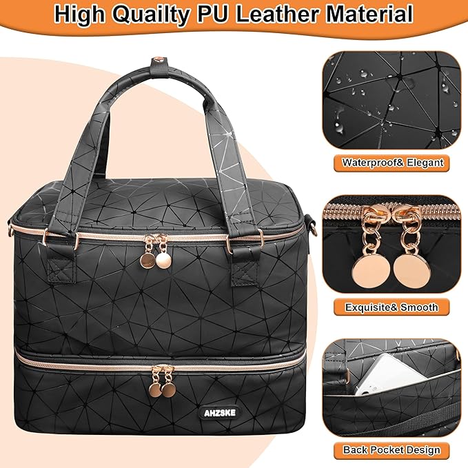Nail Polish Organizer Bag Holds Nail Lamp& 50 Bottles (15ml/0.5fl.oz), PU Leather Nail Supplies Organizer Case with Shoulder& Holder Strap, Travel Nail Kit Storage for Manicure Tools (Black)