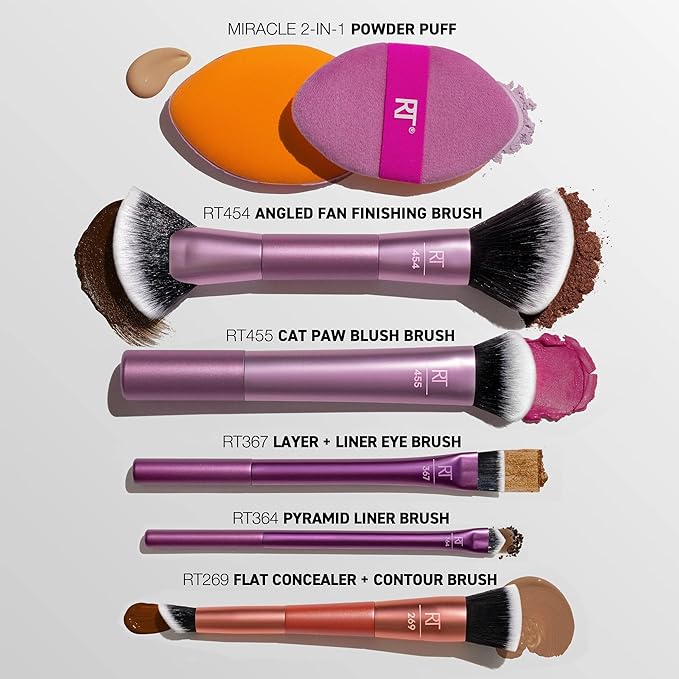 Real Techniques Big Blends Energy Brush + Dual-Sided Puff Kit, 6 Piece Face Makeup Brush & Puff Set for Foundation, Concealer, Powder & Blush, Travel Friendly, Cruelty-Free & Vegan