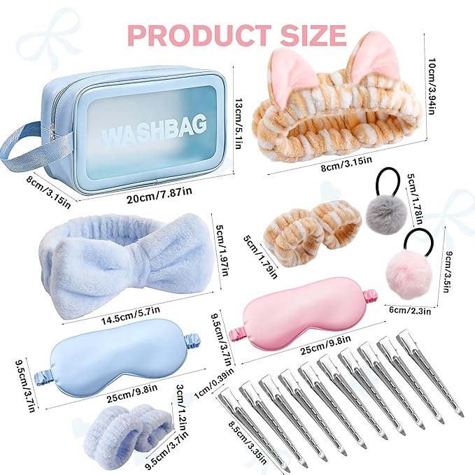 21PCS Spa Headband and Wristbands Set for Women Girls, Styling Hair Clips, Makeup Skincare Headbands with Fluffy Bows Cat Ears, Silk Sleep Eye Mask, Cute Hair Accessory Birthday Gifts for Her