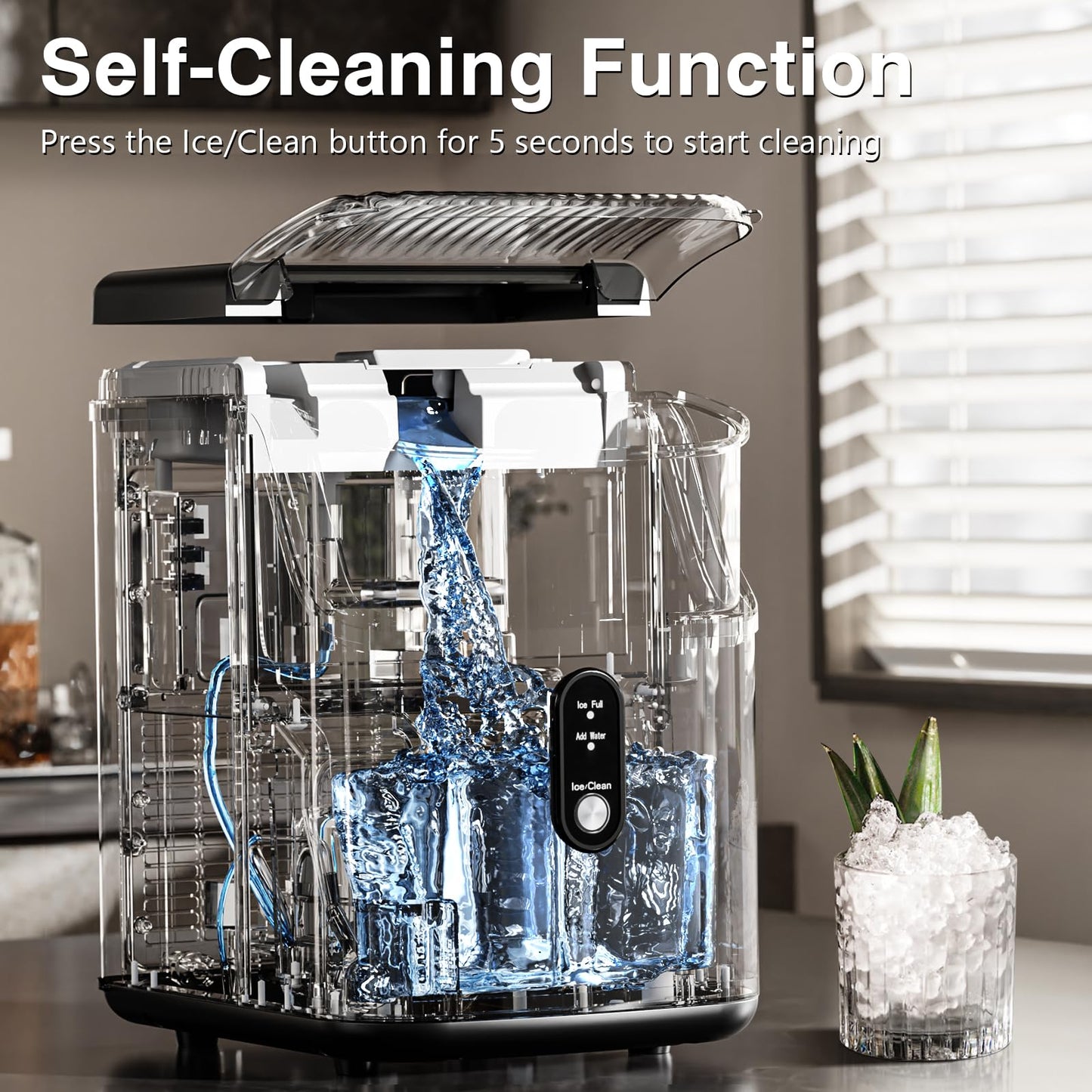 Antarctic Star Nugget Ice Makers Countertop, Pebble Ice Machine with Chewable Pellet Ice, 34Lbs/24H, Self-Cleaning, Sonic Ice, One-Click Operation, for Kitchen,Office Stainless Steel Black