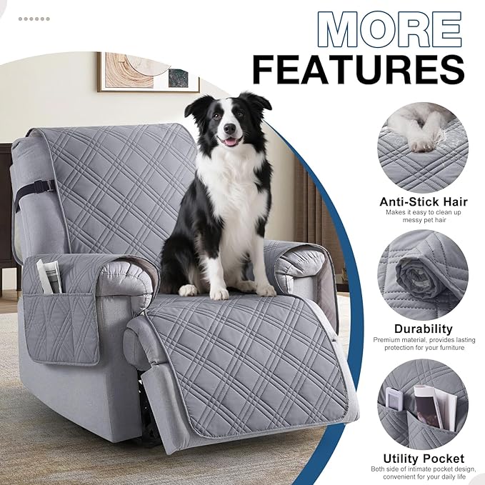TAOCOCO Waterproof Large Recliner Chair Cover, Non Slip Recliner Covers for Recliner Chair with Double Straps, Reclining Chair Cover Furniture Protector for Kids, Pets(28'', Gray)