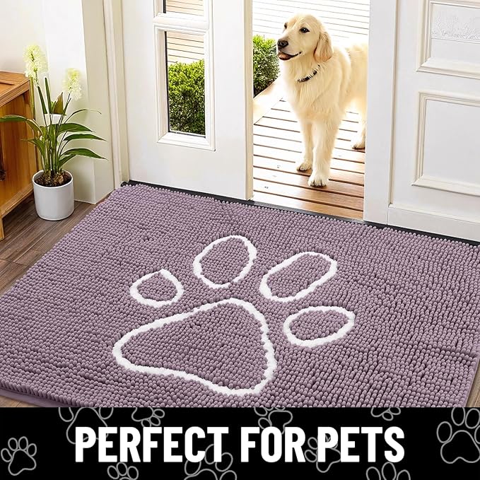 Smiry Dog Door Mat for Muddy Paws, Absorbent Dirt Trapper Non Slip Quick Dry Washable Chenille Mat for Mud Dogs, Entry Rug for Indoor and Outdoor (48x30 Inches, Deep Plum and White)