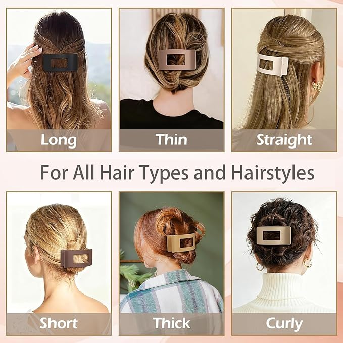 4 Pack Large Flat Hair Clips for Women, Rectangle Matte Non-slip Lay Flat Claw Clips, French Strong Hold No Crease Barrettes for Thick & Thin Hair, Stylish Square Hair Accessories (Neutral Colors)