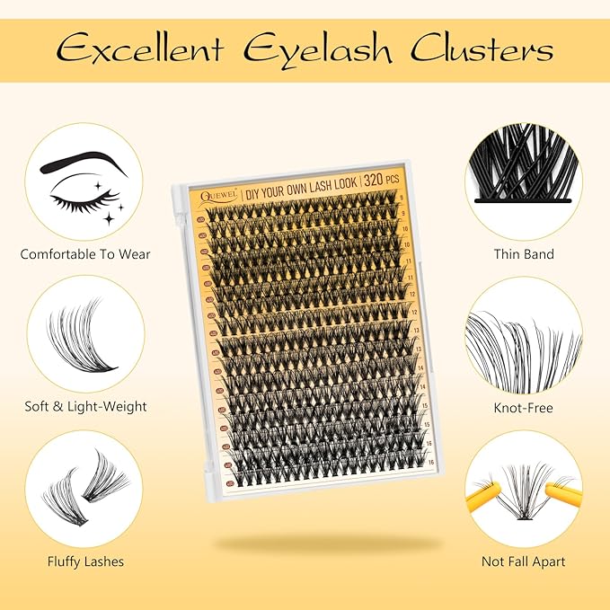 QUEWEL Lash Clusters Kit, 320 Pcs 40D Lash Cluster Eyelash Extensions 9-16mm Lash Clusters Wispy Kit with Eyelash Clusters Bond and Seal Glue Remover Tweezers (40D Kit)
