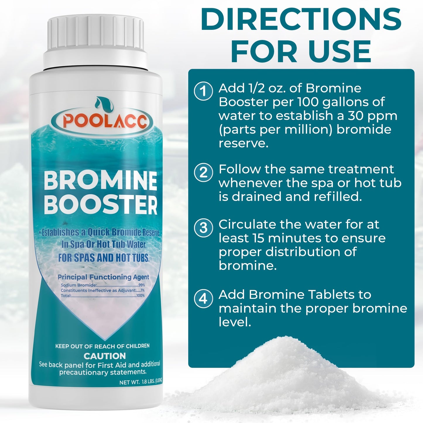 1.8LB Bromine Booster for Hot Tubs & Spas | Fast-Acting Sodium Bromide to Build Bromide Reserve | Compatible with Bromine Sanitizers | Bromine Tablets Companion | Reduce Chemical Use & Odor