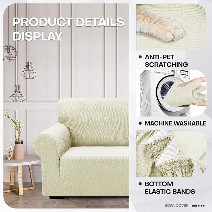 ZNSAYOTX 1 Piece Jacquard Chair Slipcovers for Living Room High Stretch Chair Covers with Arms Anti Slip Pets Friendly Couch Sofa Armchair Cover Furniture Protector (Small, New Pattern Light Beige)