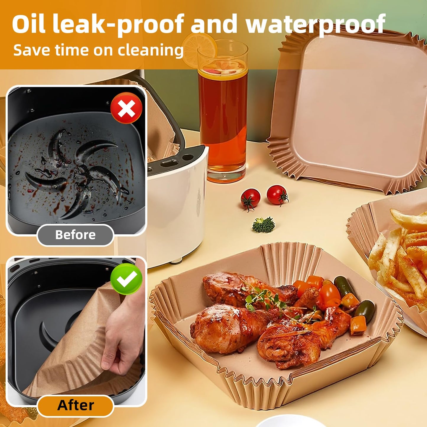 HONYAO Air Fryer Paper Liners XXL for 8-12 Qt Airfryer, 200pcs 9-10 inch Square Thickened 50gsm Disposable Parchment Tray