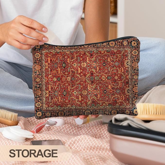 Vintage Boho Tribal Makeup Bag, Traditional Red Rug Style Makeup Bag, Vintage Retro Ethnic Pattern Cosmetic Bag Gifts for Women Friends