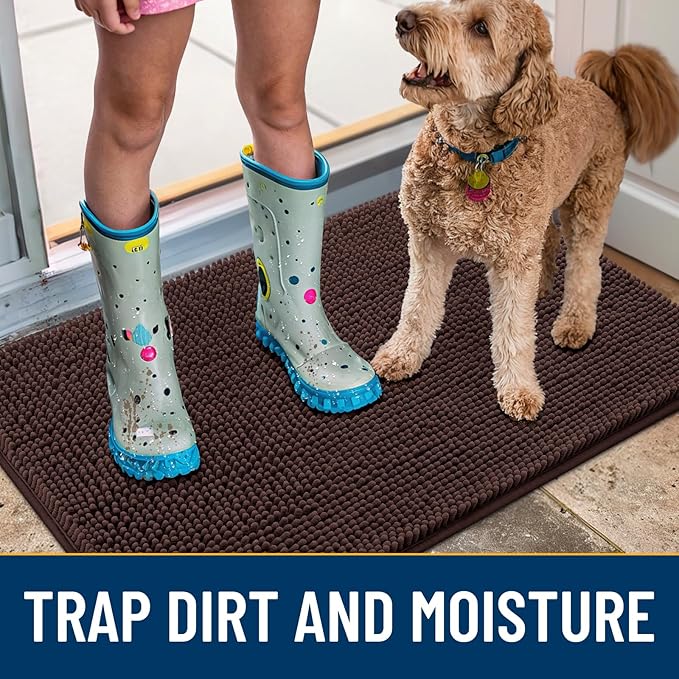 Smiry Dog Door Mat for Muddy Paws 44x24, Absorbs Moisture and Dirt Doormat, Non-Slip Washable Quick Dry Chenille Front Door Mat Indoor Entrance, Entryway Carpet for Inside Floor, Brown
