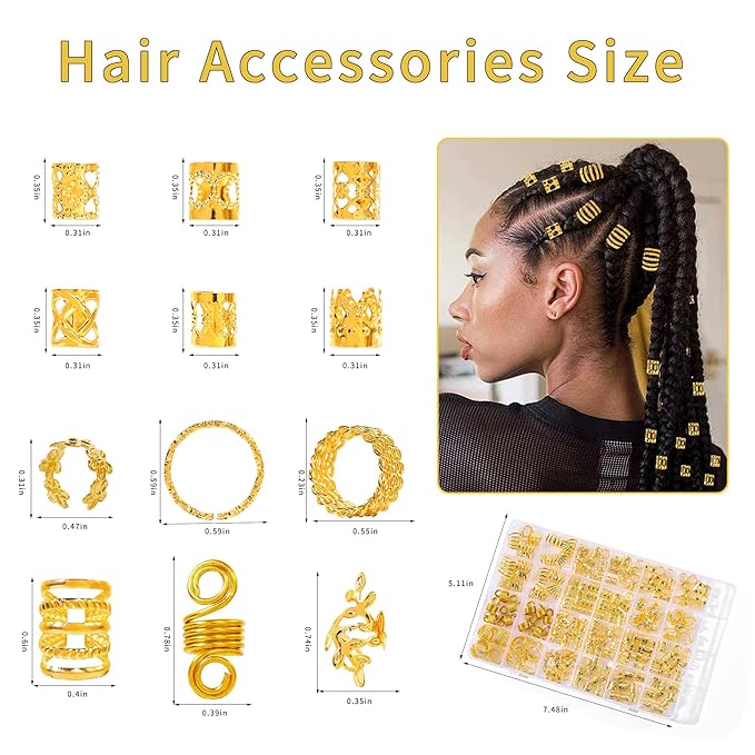 220Pcs Gold Hair Jewelry for Braids, 12 Styles Gold Hair Accessories Cuff for Braids and Dreadlocks, Adjustable Metal Rings Cuffs Clips for Dreadlock Accessory Jewelry Decorations