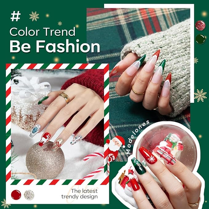 modelones Gel Nail Polish Set, 6 ColorsSparkle Dark Green Red Silver Champagne Rose Gold Glitter Gel Polish Kit New Year Soak Off Nail Art Manicure Salon DIY Home Gift