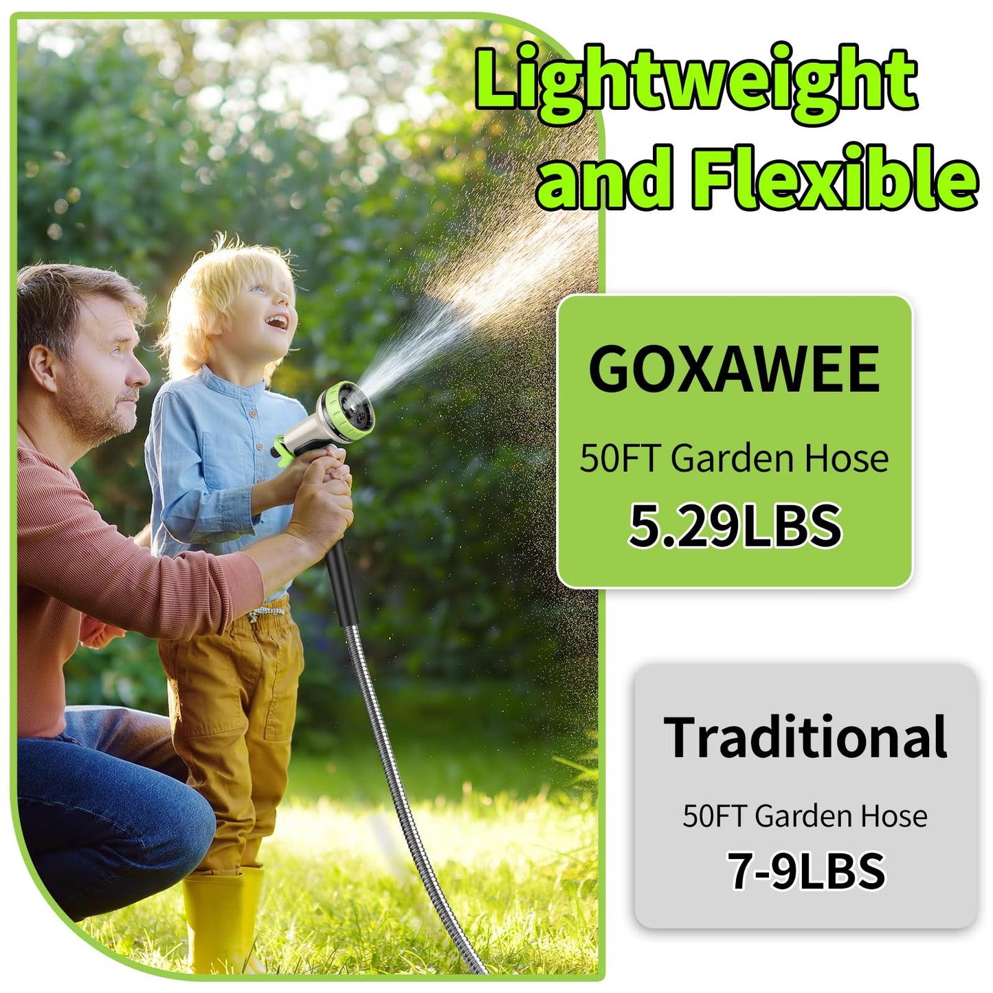 GOXAWEE Garden Hose 50FT, Stainless Steel Heavy Duty Water Hose With 10 Function Nozzle, No-Kink, Tough & Flexible, Sturdy and Lightweight, Rust Proof for Yard, Outdoor, RV