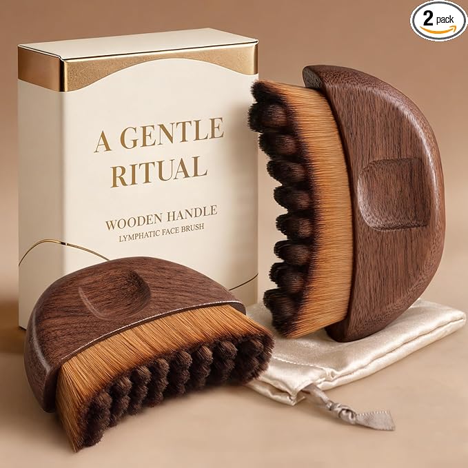 2PCS Lymphatic Contour Face Brush-Wooden Handle Facial Sculpting Brush-Dry Gua Sha Brushes for Face-Lift Facial Brushes for Lymphatic drainage Depuff Puffiness Brushes Walnut
