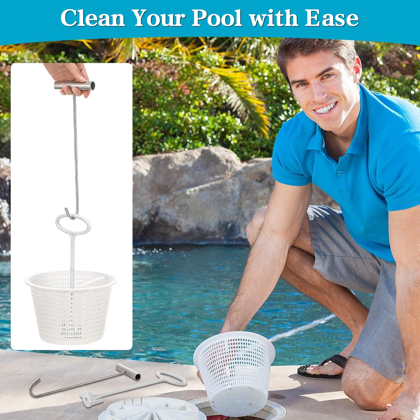 Saillong 2 Set 8" Pool Skimmer Basket for Inground Pool with 2 Skimmer Baskets Handle and 1 Stainless Steel Hook, White Universal Pools Filter Basket Skimmers for Debris Removal, Keep Hands Clean
