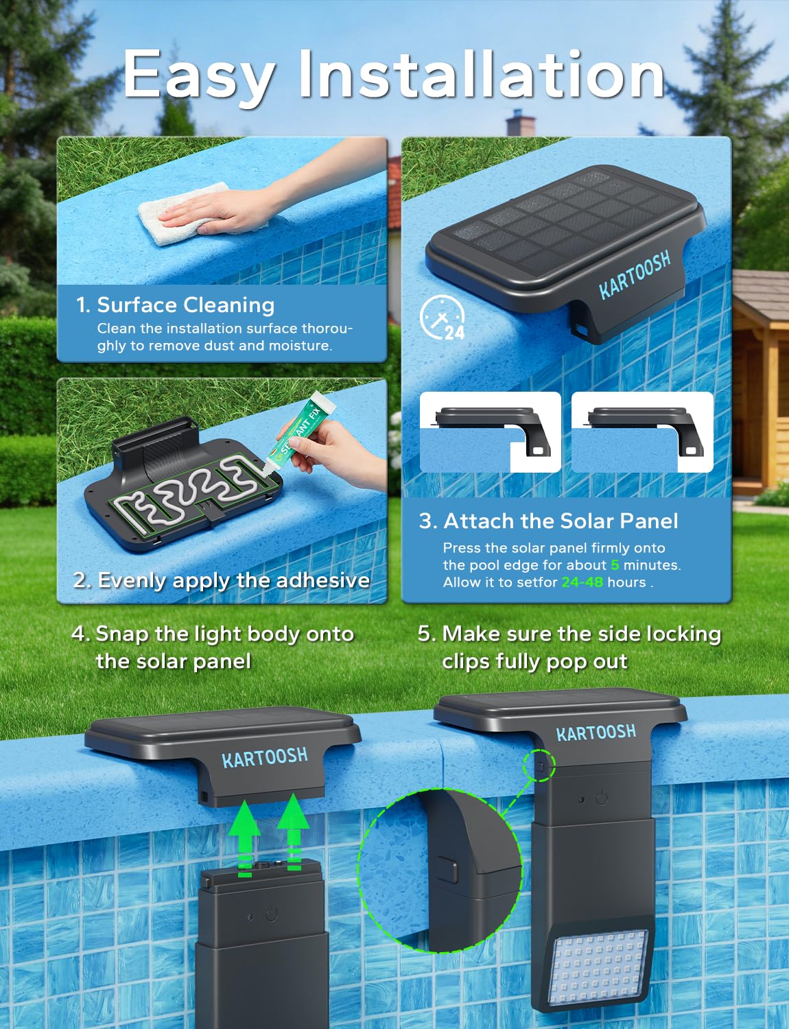 KARTOOSH Solar Pool Lights for Inground Pool - Upgraded Extendable 10000mAh Wireless Underwater LED Lights, 29 RGB Colors 4 Modes, Light Sensing with Timer, Remote Control, Waterproof Design