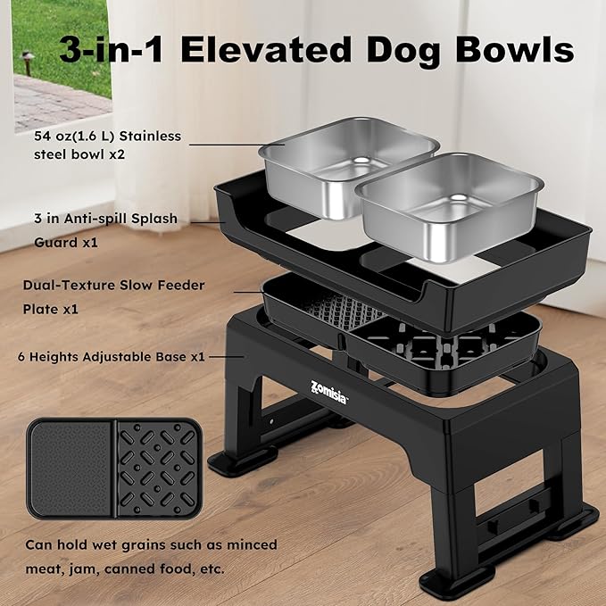 3-in-1 Elevated Dog Bowls Dual Layer - Mess Proof 6 Heights Adjustable Raised Dog Bowl Stand 6" to 16", Feeding Satioin with 1.6L Stainless Steel Bowls, Slow Feeder Plate, Medium to Large Pets