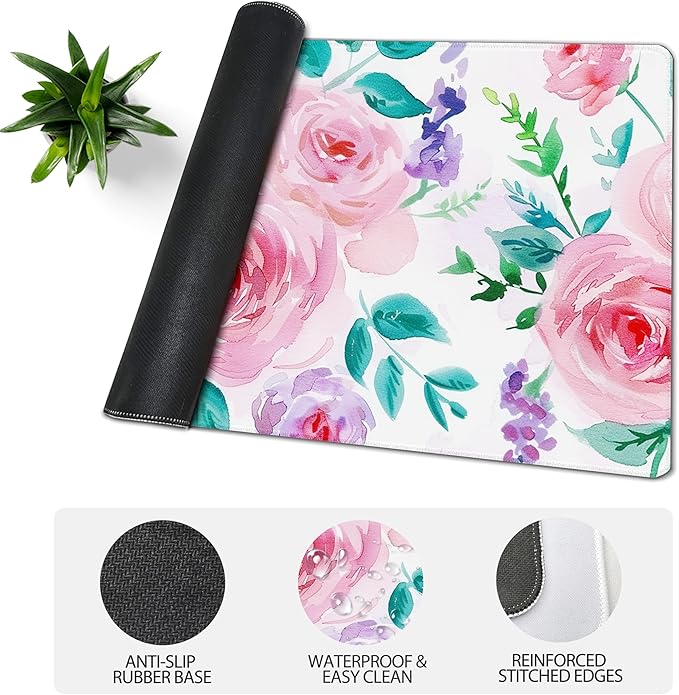 31.5?€?x11.8?€?Large Gaming Mouse Pad for Desk, Mouse Mat with Seamed Edges, Waterproof Desk Pad, Non-Slip Rubber Base, Keyboard Pad Computer Mat, Big XL Mousepad-Rose Watercolor Painting
