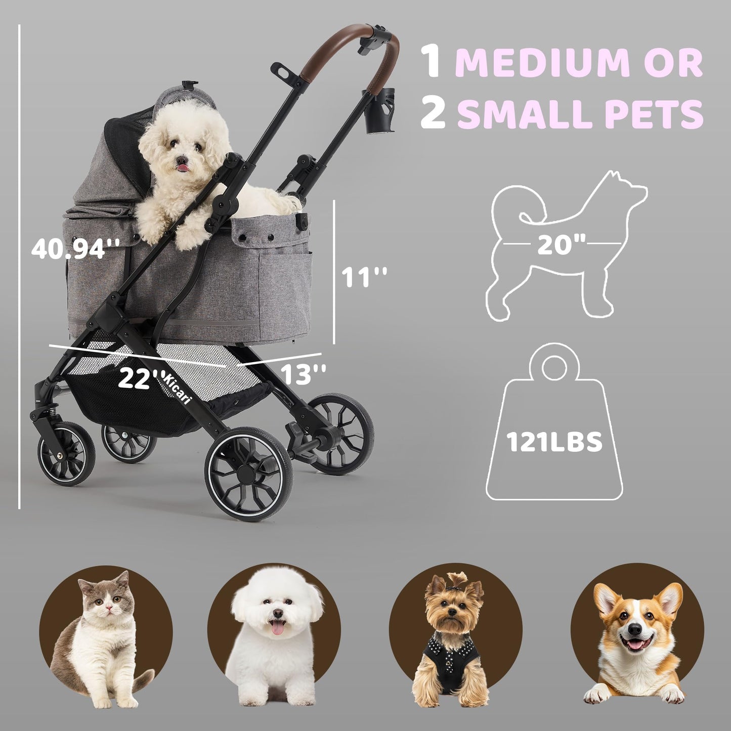 Kicari All-Terrain Dog Stroller for Small to Medium Dogs, Pet Stroller for Dogs & Cats Outdoor Walks, One-Hand Easy Fold, Double-Layer Anti-UV & Waterproof Canopy & Breathable Mesh, Charcoal Gray