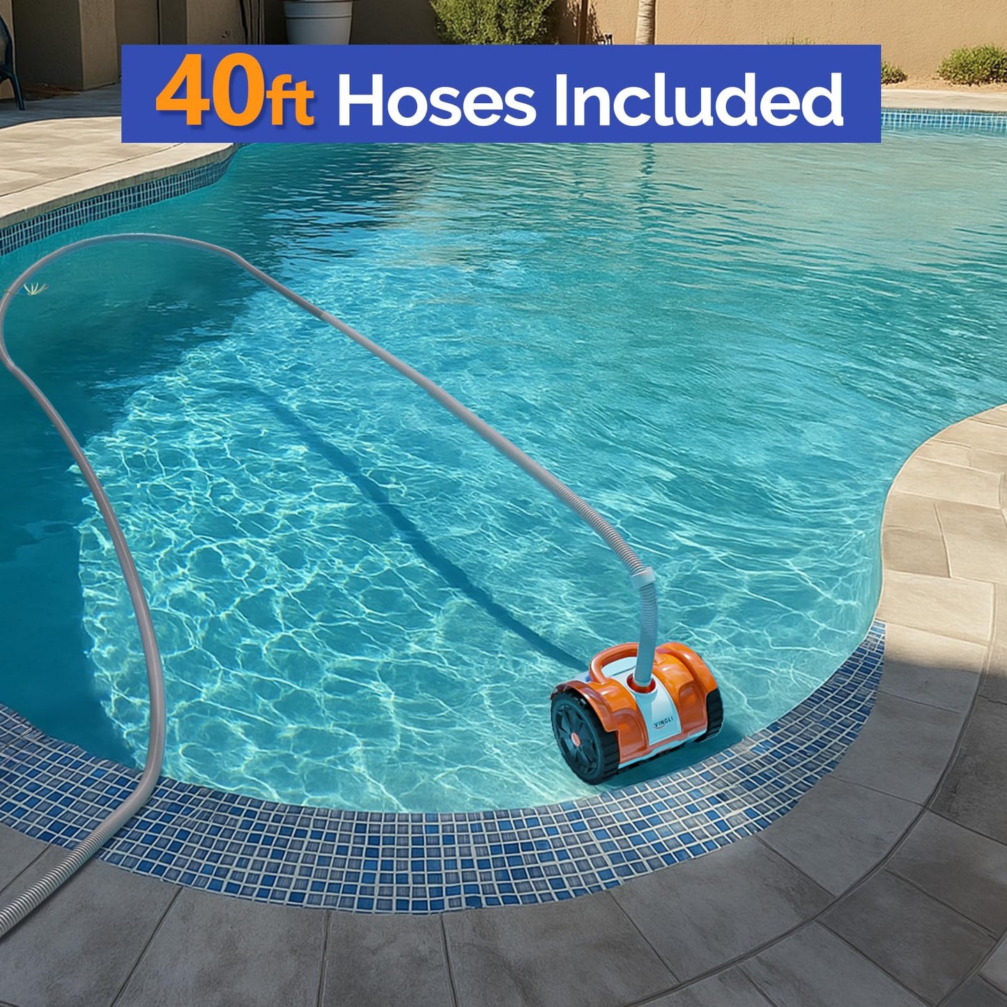 (2025 Upgrade) VINGLI Automatic Suction-Side Pool Vacuum Cleaner, Powerful Wall-Climbing Sweeper for Inground Pools, Includes 39.6ft Tangle-Free Hose (Orange&Gray)
