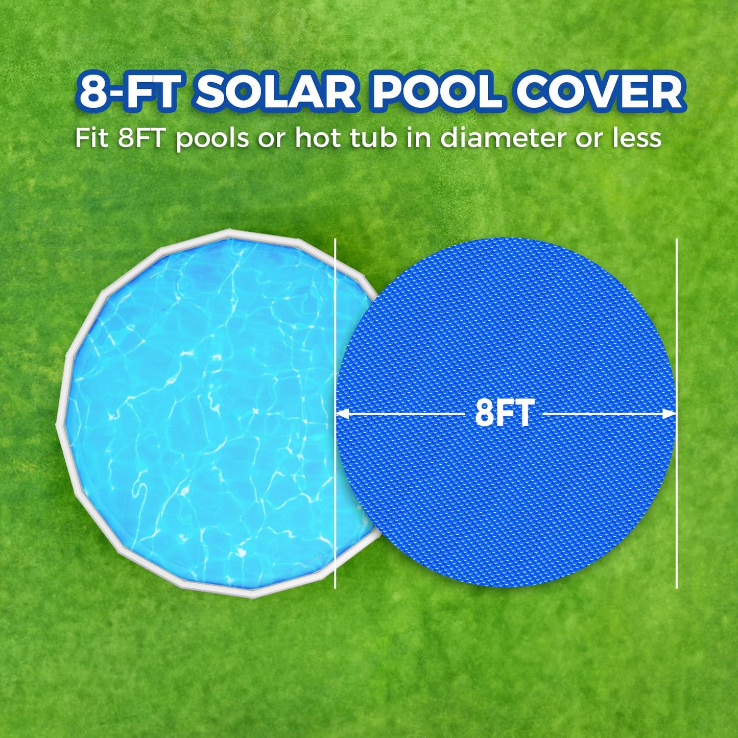 KETNET Solar Pool Cover 8 ft Round for 6-24ft Above Ground Inground Pools, Hot Tub Spa Thermal Heating Bubble Wrap Covers, 12 Mil Heavy-Duty Circle Blue Floating Blanket Mat for Swimming Pools