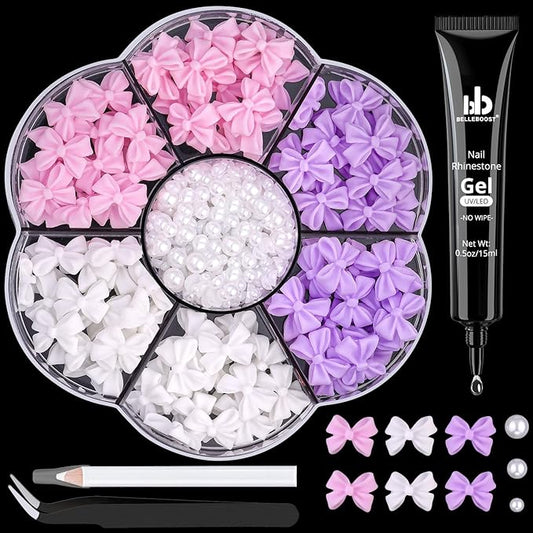 120 Pcs 3D Bow Charms + 2-4mm Nail Pearls - Pink White Lilac Bows & White Flatback Pearls with Glue Gel (UV Needed) & Pickup Tools