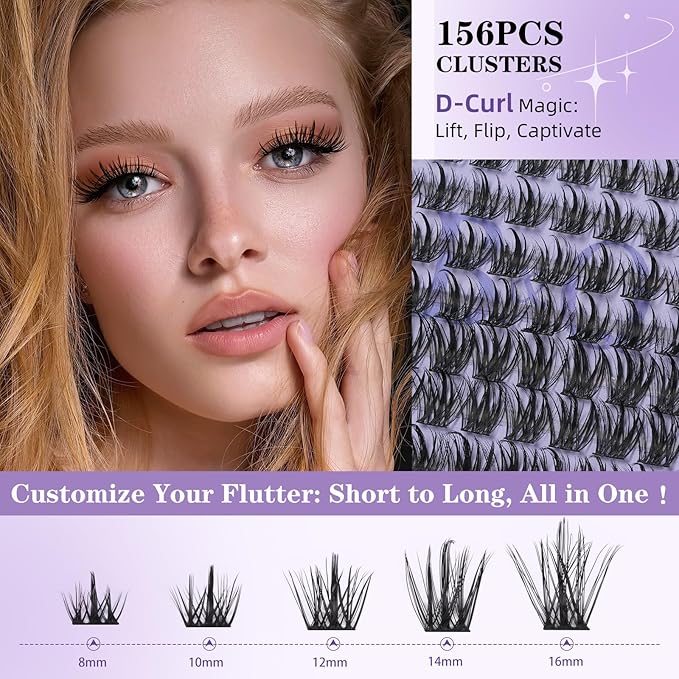 B&Q Wispy Lash Clusters Full B28,Eyelash Clusters 156PCS Comfortable band Cluster Eyelash Extensions,8-18mm Volume Individual Lashes Lightweight D Curl Lash Clusters Soft Eyelashes Natural Look(B28)