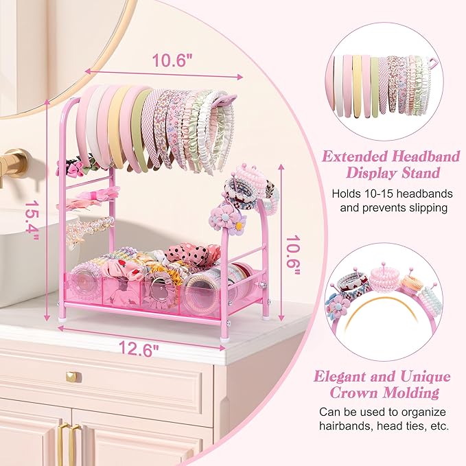Keebofly Acrylic Hair Accessories Organizer, Versatile Headband Holder Stand for Scrunchies, Bows, Claw Clips, Hair Tie, Compact Hair Organizer Storage Container for Girls, Women, Babies, Soft Pink