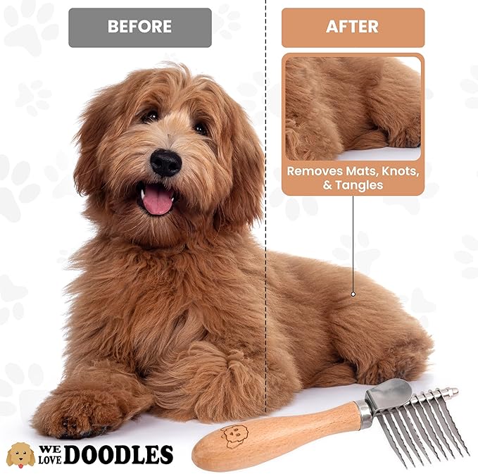 We Love Doodles Dog Dematting Brush & Rake, Detangler Brush for Dogs, Comb Tool for Grooming, Best for Doodles, Poodles, Goldendoodles, Cats & Other Pets, Matted Fur Removal On Undercoat