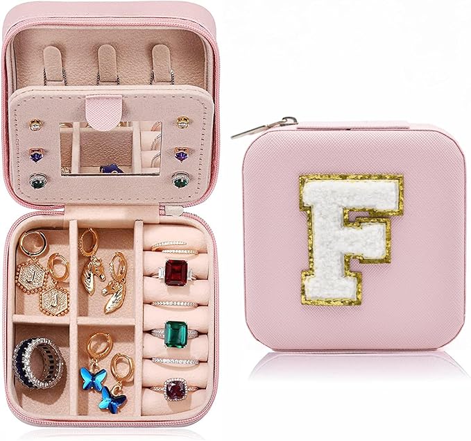 MODENGKONGJIAN Travel Jewelry Case for Women Fashion, Ring Necklace Earring Jewelry Holder Organizer Box, Small Portable Jewellery Storage, Christmas Gifts Initial F
