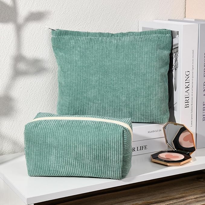SOIDRAM 2 Pieces Makeup Bag Large Corduroy Cosmetic Bag Capacity Canvas Mix Travel Toiletry Bag Organizer Cute Makeup Brushes Aesthetic Accessories Storage Bag for Women, Corduroy Mix Green