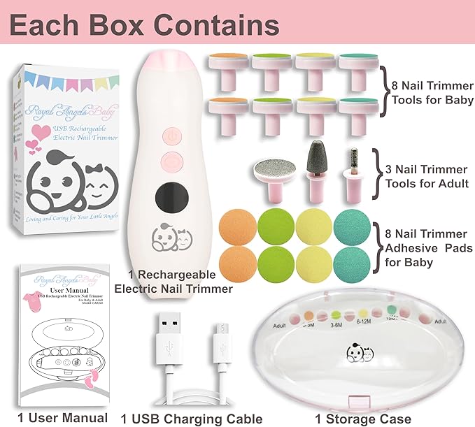 Royal Angels Rechargeable 22 in 1 Baby Nail Trimmer with LCD Display, Labeled Case, 13 Extra Pads, Safe Quiet LED Light Electric Baby Nail File Kit for Newborns Toddlers (WhitePink)