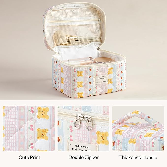 HBselect Quilted Makeup Bag, 3PCS Cotton Large Travel Makeup Bag, Cute Floral Coquette Make up Bag Cosmetic Bag Toiletry Bag for Women Girls