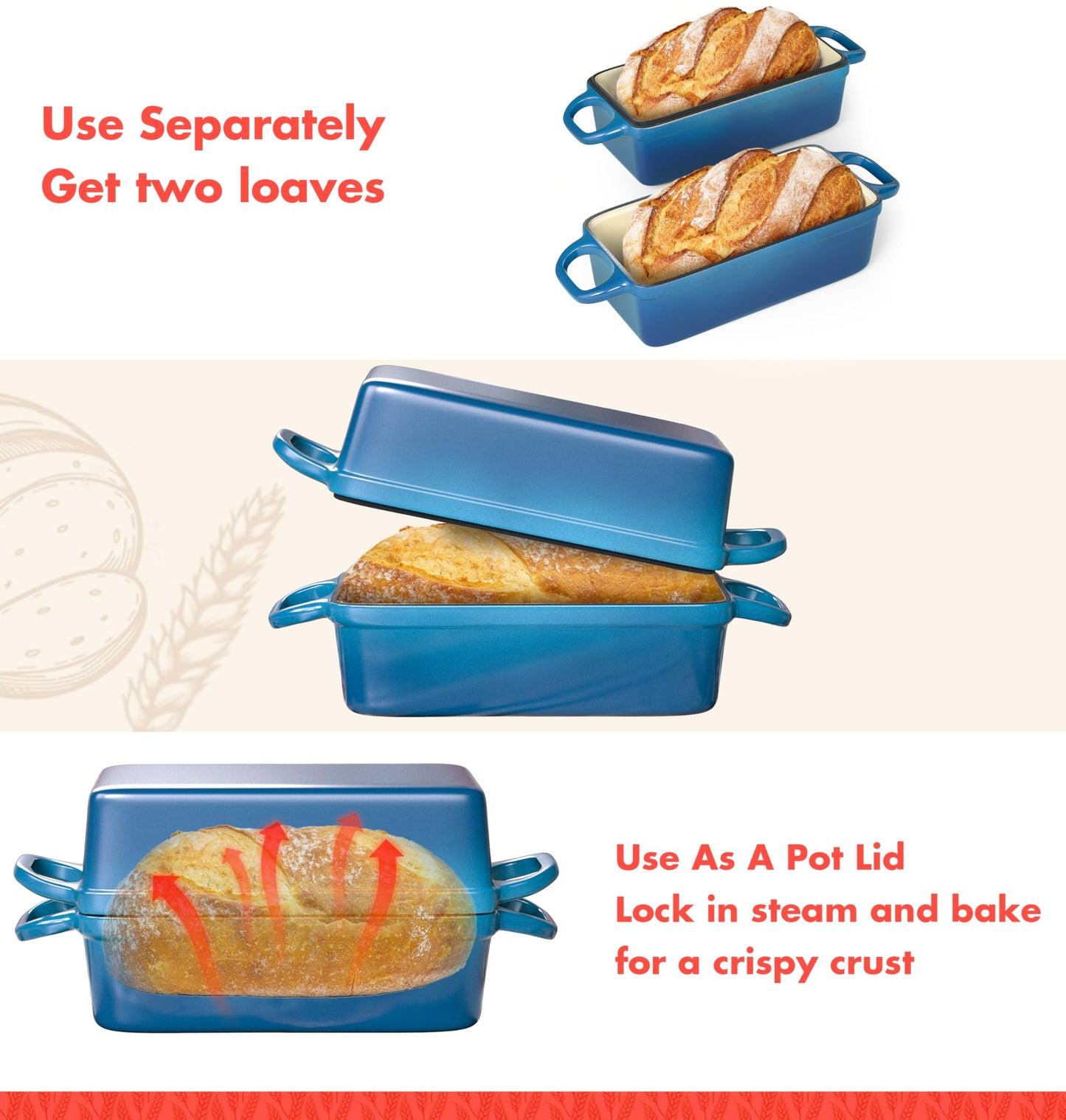 2 IN 1 Cast Iron Bread Loaf Pan with Lid, 3.4QT 9x5 Inch Dutch Oven for Bread Baking, Even Heating Bread Oven, Enameled Bread Pan for Homemade Sourdough Bread Baking & Versatile Cooking, Blue