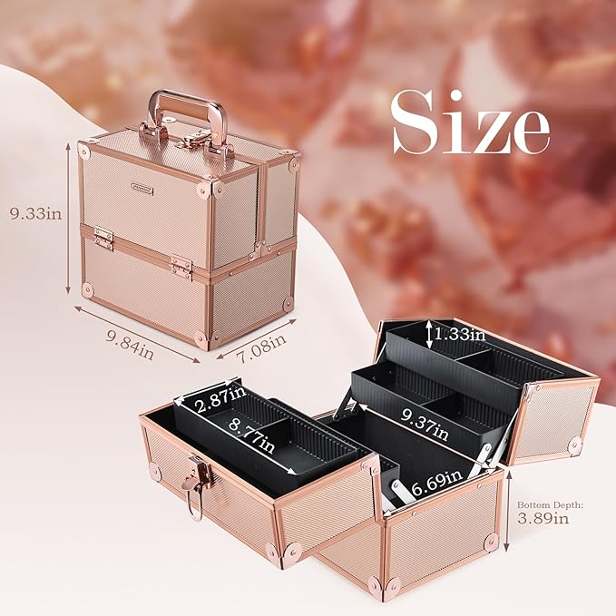 FRENESSA Makeup Train Case Makeup Case Travel Cosmetic Box Organizer Portable Make Up Box with Dividers Lockable for Artist Nail Sewing Vanity Storage Makeup Travel Case Rose Gold