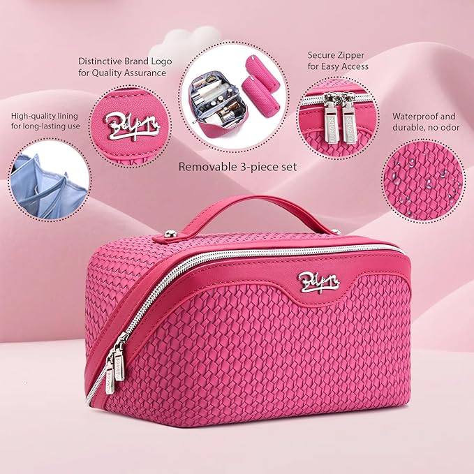BOYATU Travel Makeup Bags for Women: Large Capacity Make up Bag with Wide Opening - 3 Pcs Set Waterproof Travel Toiletry Organizer for Full-Sized Bottles, Cosmetics & Brushes (Plum-W)