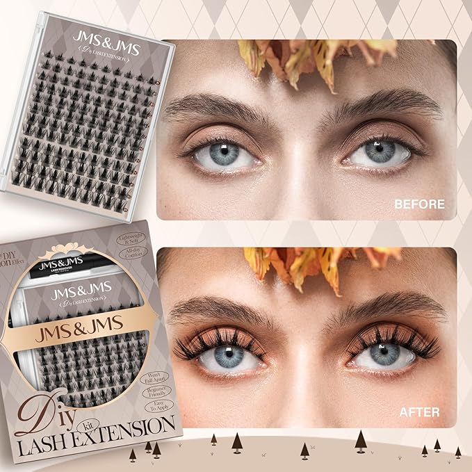 JMS&JMS Lash Extension Kit with Lash Bond and Seal Waterproof Lash Applicator Individual Lashes Velour Lash Clusters Kit Apply at Home(California Sunset,8-18MIX)