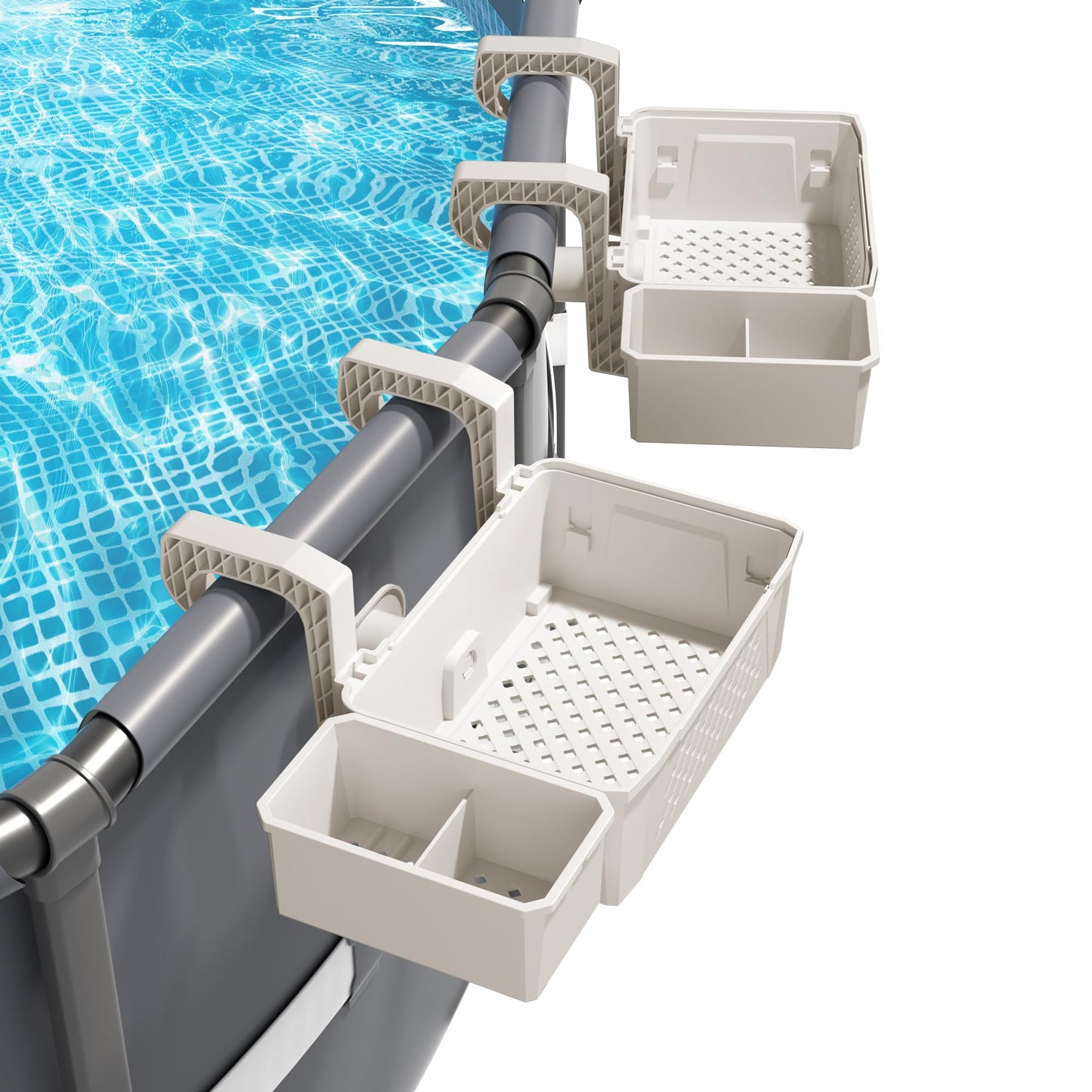 AquaJoyer 2 Sets of Poolside Storage Baskets with Cup Holders - Perfect for 3-Inch or Smaller Top Rails - Above Ground Pool Accessories - Fit for Most Above Ground Pool（Beige）