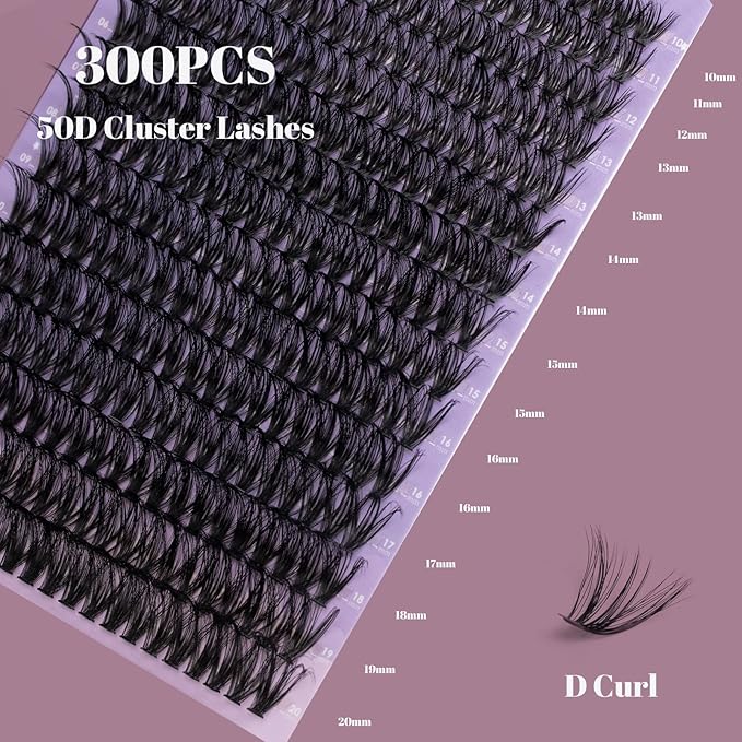 Ocean Pearl Lash Clusters 10-20mm 50D 300PCS Eyelash Extension Kit DIY Lash Extension Kit Natural Lashes Clusters Individual Lashes Soft Eyelashes with Lash Bond+Seal+Remover+Tweezer-50D