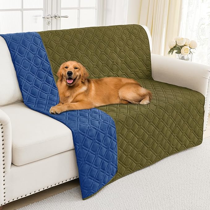 Smiry Reversible Waterproof Couch Covers for Sofa, Washable Dogs Pet Couch Covers for 3 Cushion Sofa Pet Friendly, Water Resistant Furniture Protector Slipcover, Geometric (52"x82", Green/Navy)