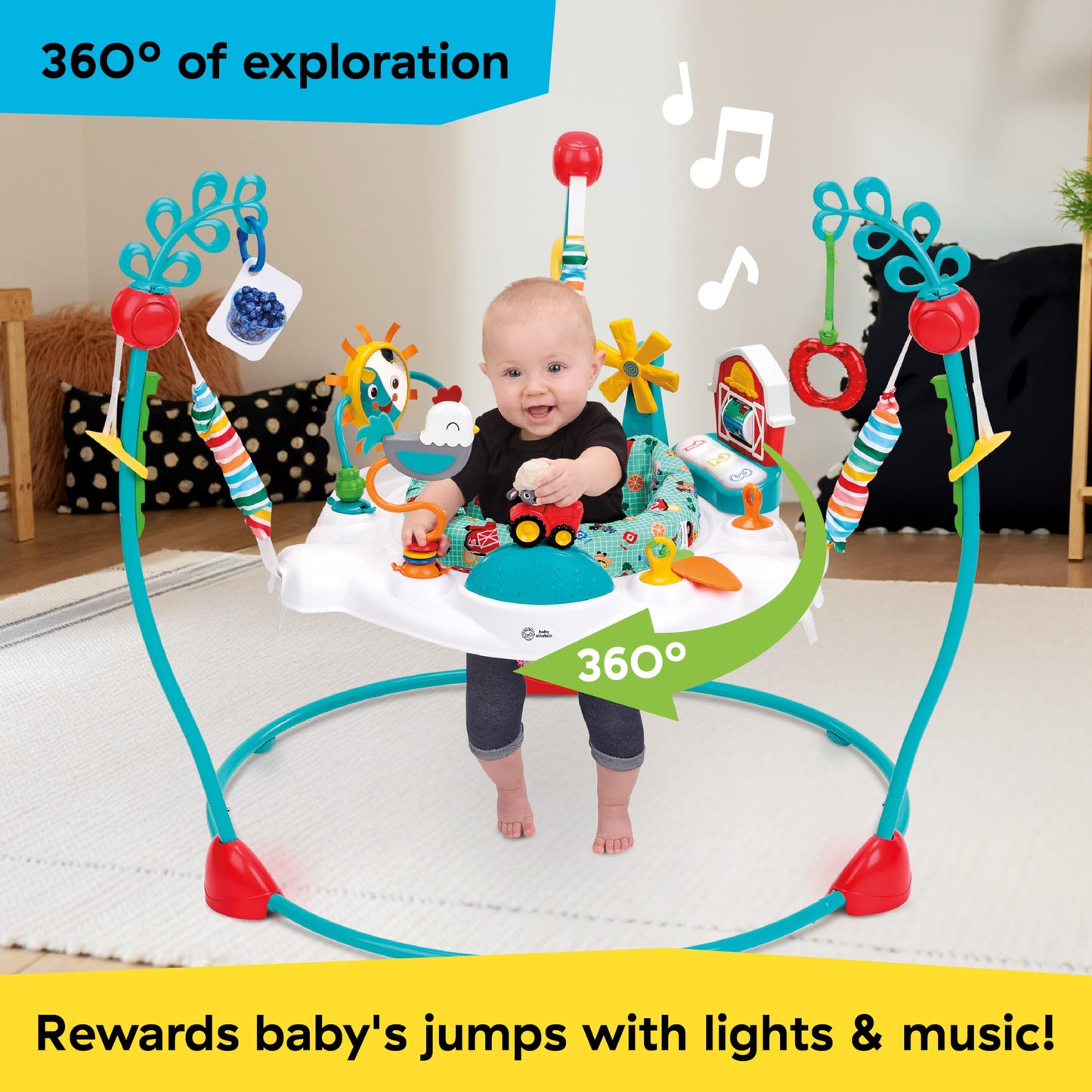 Baby Einstein Farm Explorers Jump & Learn Barnyard 2-in-1 Baby Jumper Activity Center with Interactive Toys, Music, Lights, & Sounds, Ages 6-12 Months