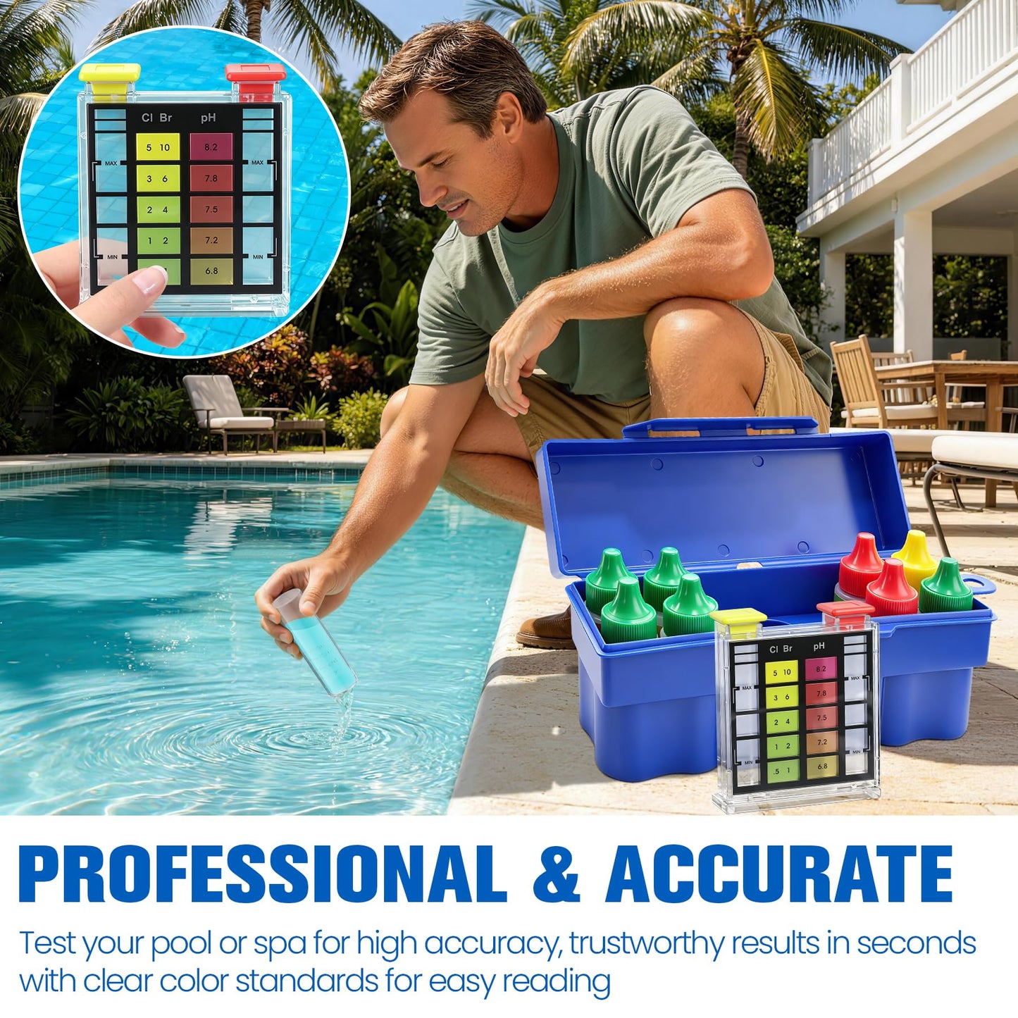 PRAXXIS 6-Way Pool Water Testing Kit, Pool Test Kit for Inground Above Ground Pool, Pool Water Chemical Test Kit for Chlorine,Bromine,pH, Acid Demand, Alkalinity, Hardness For Quick & Accurate Testing