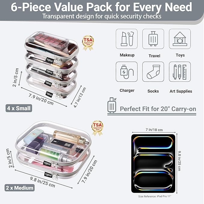 6 Pack Gray Clear Hard Shell Beauty Organizer (2M+4S), 1.2mm Heavy Duty Crush-Proof Cosmetic Case, Reinforced YKK Zippers, Stadium Approved Security Bag for Skincare & Electronics, Multi-Size Set