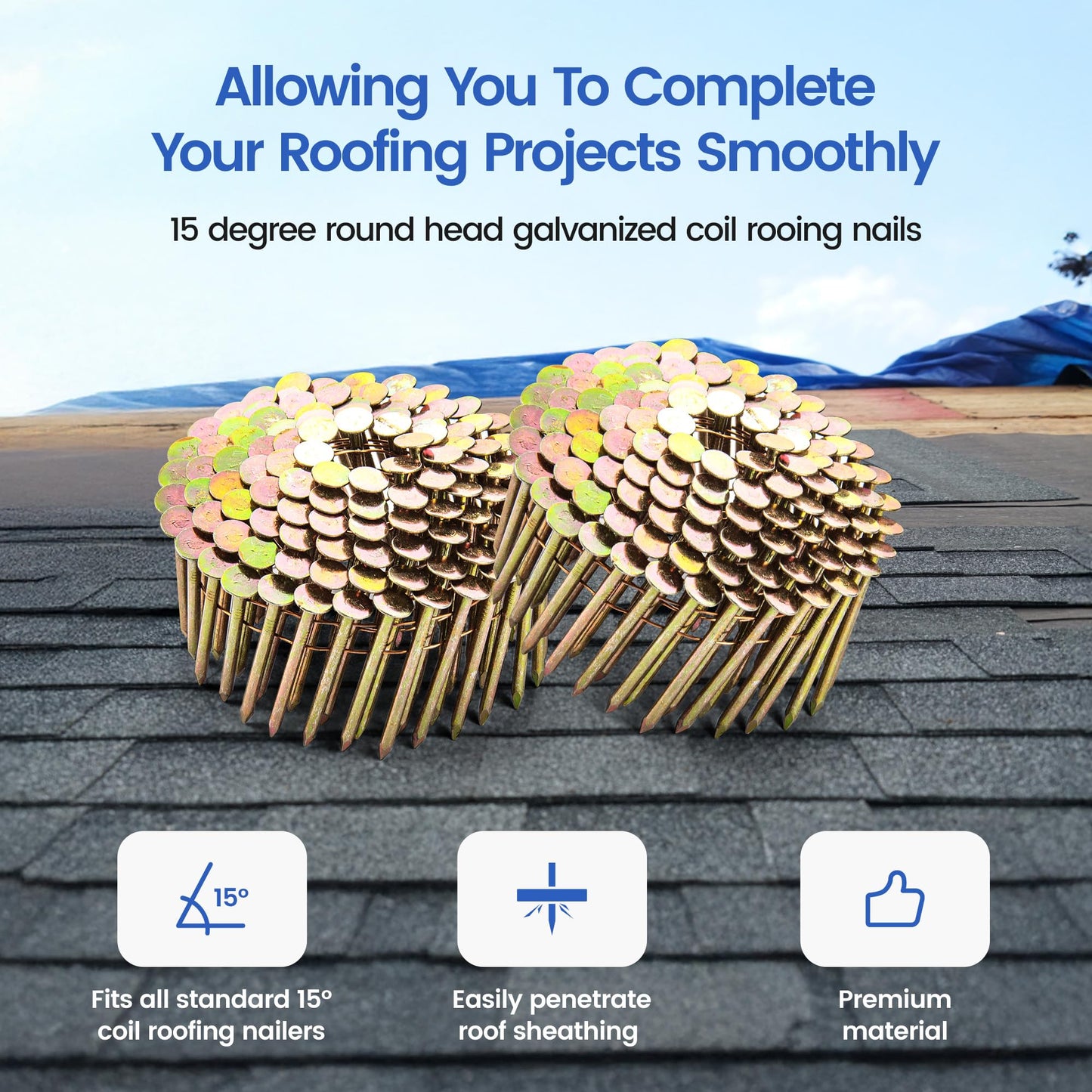 meite Coil Roofing Nails 1-3/4 Inch 15 Degree Electro Galvanized Coil Nails for Pneumatic or Cordless Roofing Nailer Gun, Big Head Wire-Collated Roofing Nails for Lathing Sheathing 2,880PCS