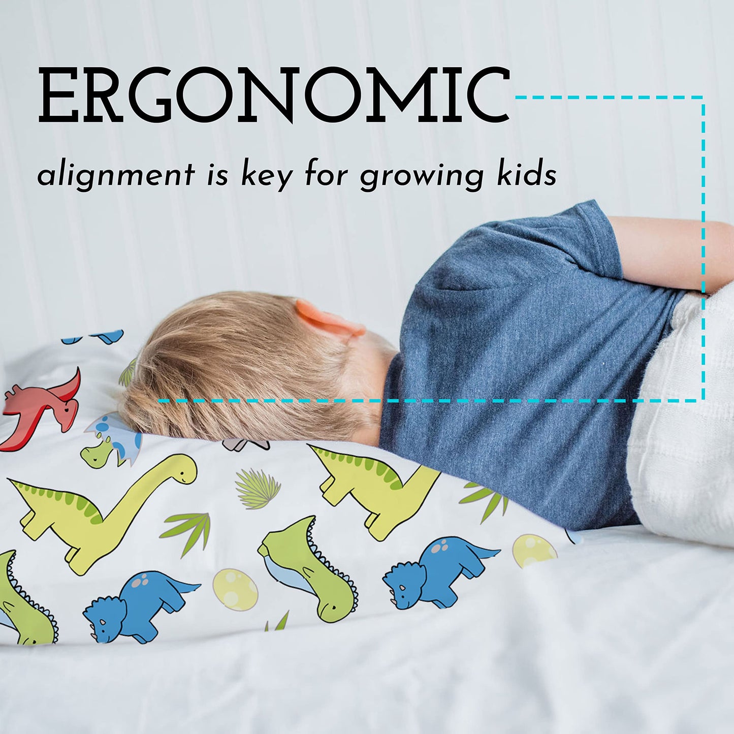 Toddler Bed Pillow with Cotton Pillow Case – 13x18 Kids Pillows for Sleeping, School, Travel & Daycare – Hypoallergenic Toddler Pillow 2 Year Old to 5 with Envelope Pillowcase (Dinosaurs White)