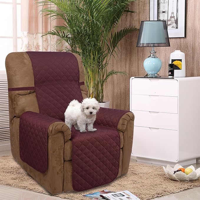 U-NICE HOME Recliner Chair Covers Reversible Chair Cover Pet Covers for Dogs with Elastic Straps Water Resistant Diamond Quilted (28''Recliner Oversized, Burgundy/Tan)