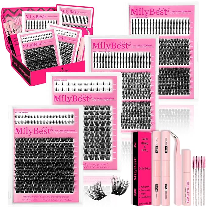 MilyBest Lash Clusters Kit 808Pcs Eyelash Clusters with Spikes and Bottom Lashes Clusters D Curl 4 Styles Lash Kit Fluffy DIY Individual Eyelashes Glue Wispy Cluster Eyelash Extensions Kit De Pestañas