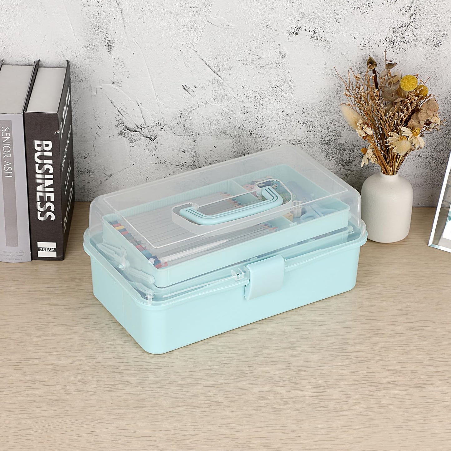BTSKY 3-Layer Plastic Dividing Storage Box Craft Organizer and Storage with Adjustable Spacers Portable Handled Art Supply Organizer Multipurpose Home Utility Box for Medicine, Sewing(Blue)