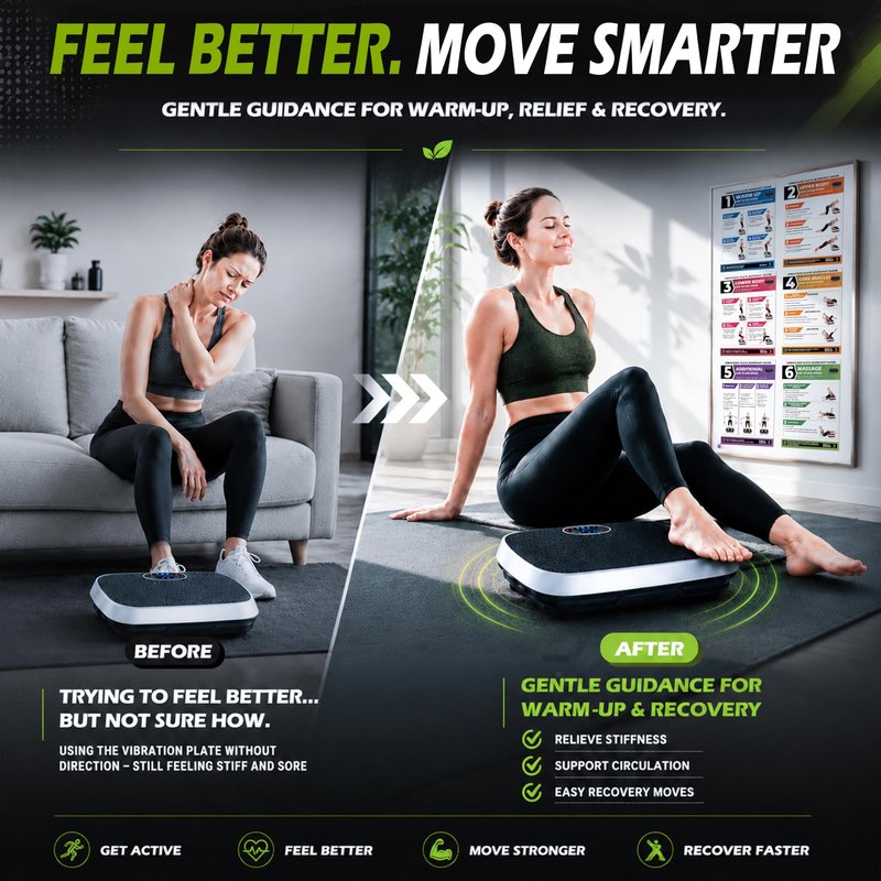 POCAZONE Vibration Plate Workout Poster, Full-Body Exercises + 30-Day Personalized Plan, Beginner to Advanced Guidance, Fits All Vibration Machines, Home Fitness & Recovery